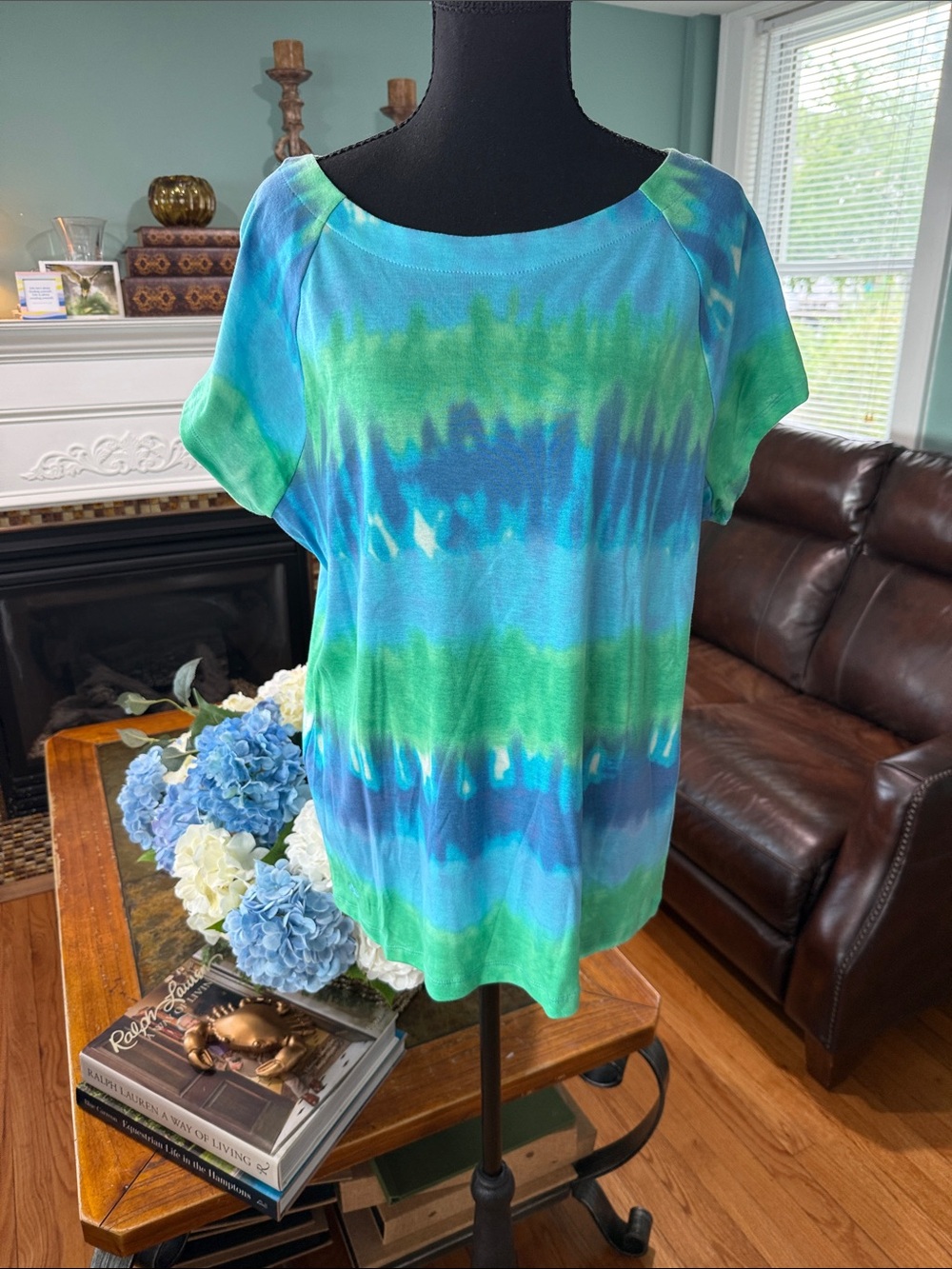 Lauren Ralph Lauren Blue & Green Tie-Dye Short Sleeve Scoop Neck 100% Cotton